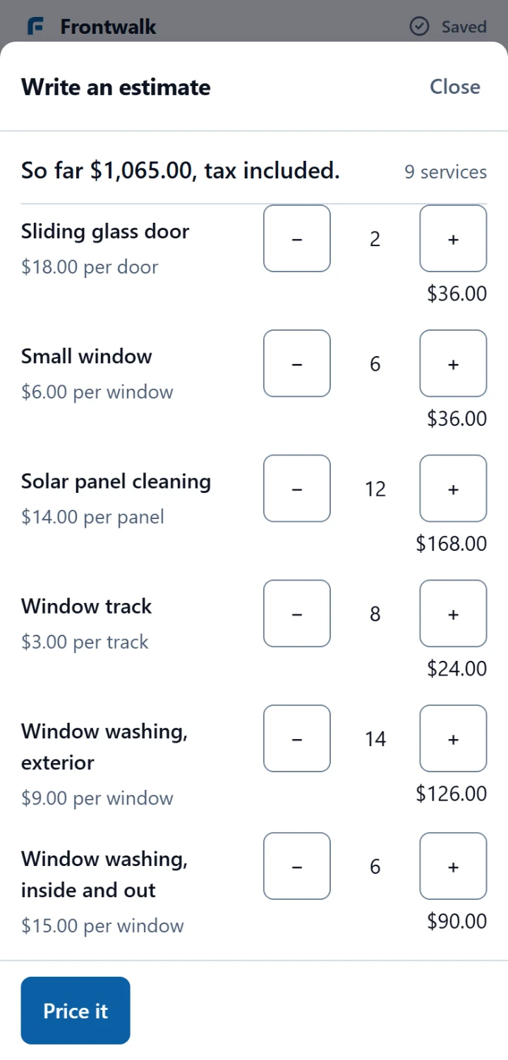 Writing an estimate on a phone. The heading reads So far $1,065.00, tax included, 9 services. Six of the rows are in view, each with a minus button, a count and a plus button: two sliding glass doors at $18.00 each making $36.00, six small windows at $6.00 each making $36.00, twelve solar panels at $14.00 each making $168.00. A blue Price it button sits at the foot.