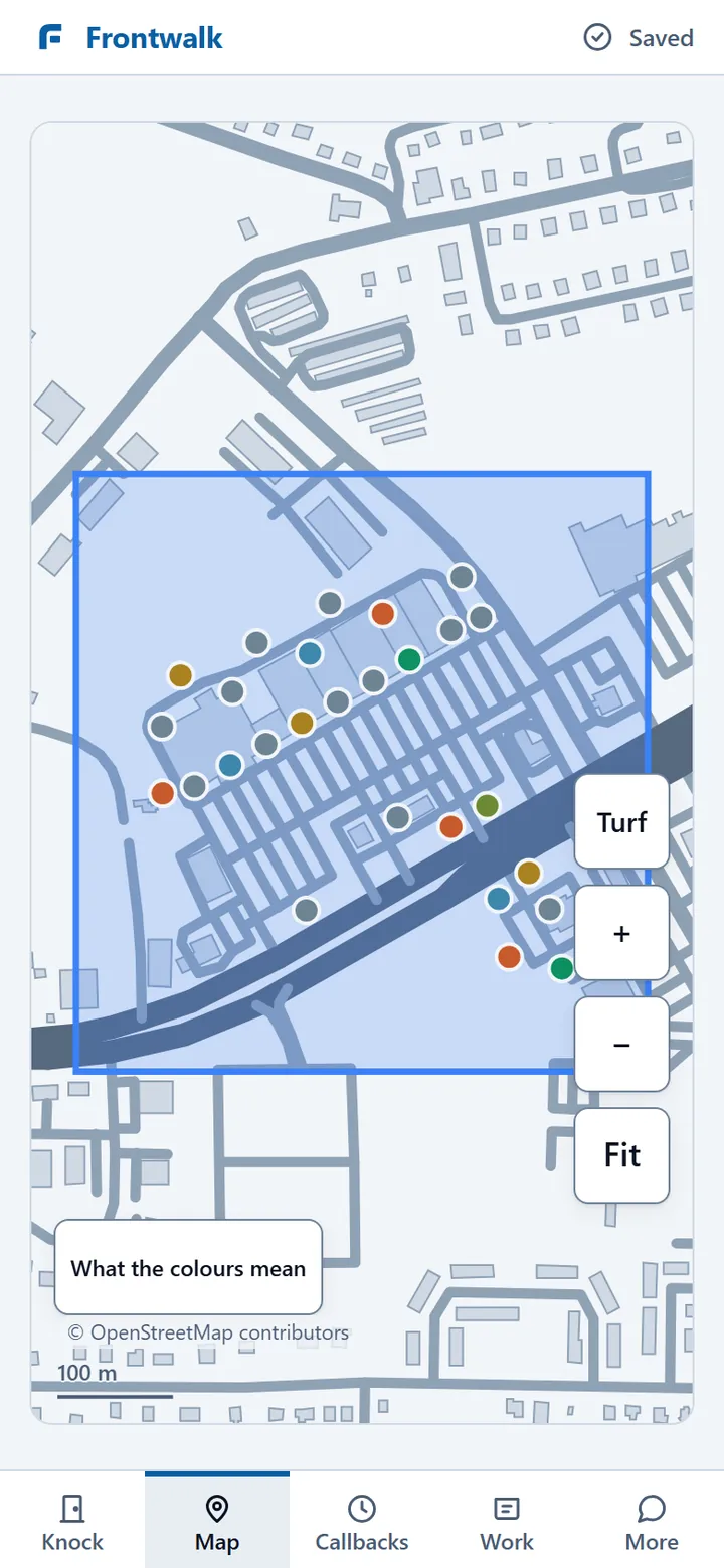 A map on a phone: the houses of a Newnan neighbourhood as grey footprints under the streets, about two dozen doors as coloured dots on them, the crew's territory outlined, a button reading What the colours mean, a 100 m scale bar and OpenStreetMap credited at the foot.
